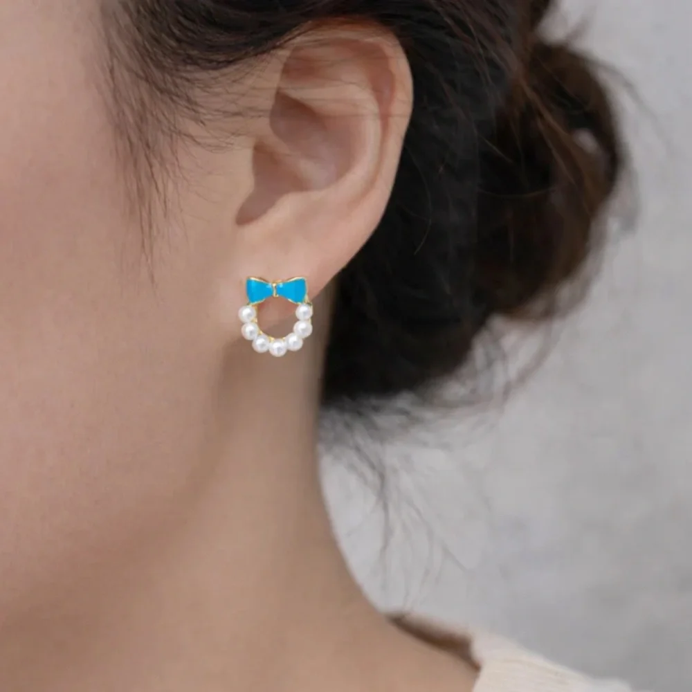 Blue Bow Pearl Earrings